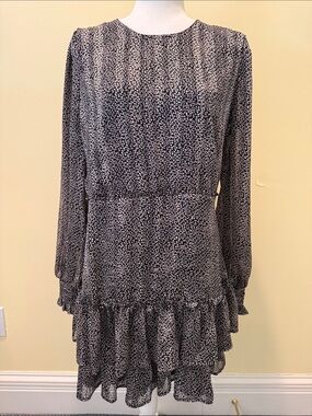 Lulu’s Women's Black and White Floral Tiered Long-Sleeve Dress Size XL